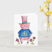 かわいい 奇想天外 愛国的な豚 カード (黄色い花)