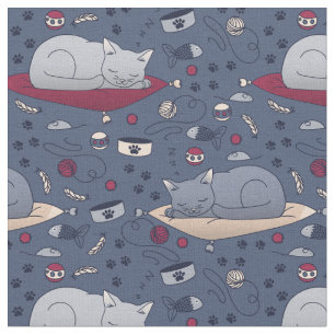 かわいい&居心地の良い眠い猫の夢のパターン ファブリック