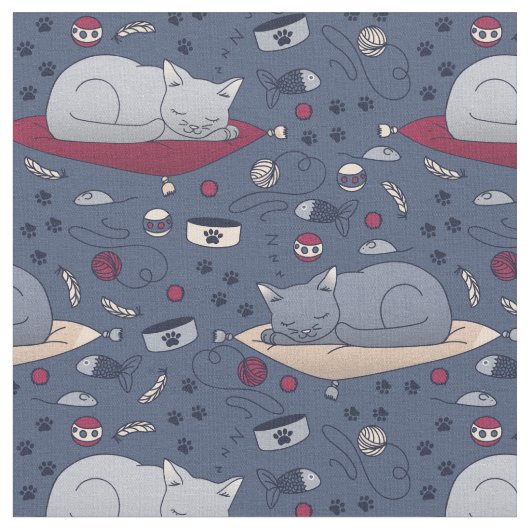かわいい&居心地の良い眠い猫の夢のパターン ファブリック (クローズアップ)