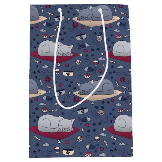 かわいい&居心地の良い眠い猫の夢のパターン ミディアムペーパーバッグ (正面)