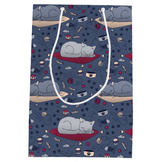 かわいい&居心地の良い眠い猫の夢のパターン ミディアムペーパーバッグ (裏面)