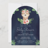 かわいい 愛らしい 花のスローガール ネイビー ベビーシャワー 招待状 (正面)