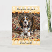 かわいい！新しいバセットハウンドの犬おめでとう カード (正面)