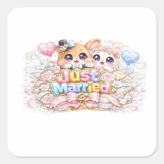かわいい+新婚+カップル+動物+パステル+ピンバッジ スクエアシール (正面)