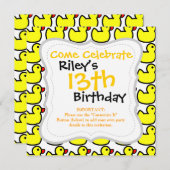 かわいい 明るい黄色のゴムダッキー柄 招待状 (正面/裏面)