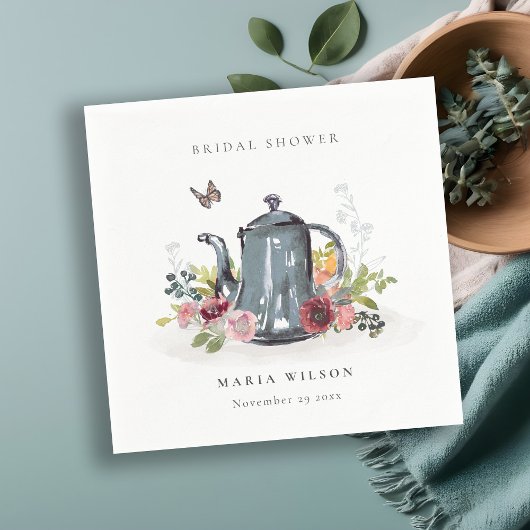 かわいい 明るい ローズ 花のティーポット ブライダルシャワー スタンダードカクテルナプキン