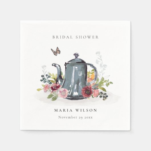 かわいい 明るい ローズ 花のティーポット ブライダルシャワー スタンダードカクテルナプキン (正面)