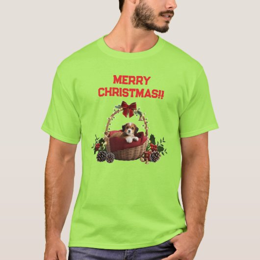 かわいい 楽しい メリークリスマス 子犬のバスケット Tシャツ (正面)