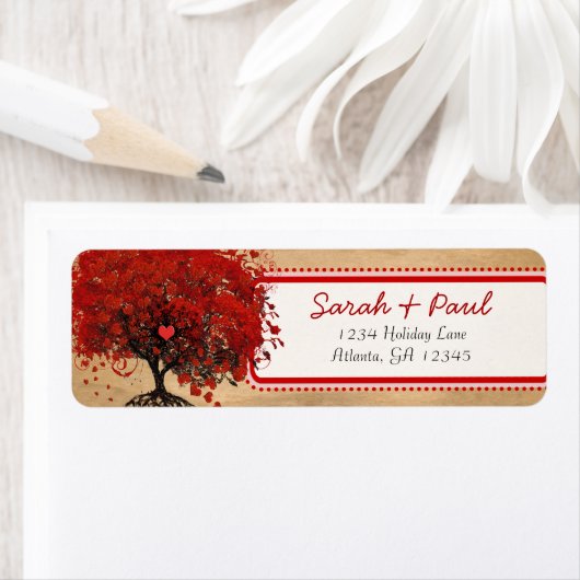 かわいい 気まぐれな ハートの葉の木 赤い ピンクの点々 ラベル (インサイチュ)