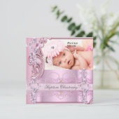 かわいい 洗礼 ピンクの女の子 フォト 蝶 クロス 招待状 (スタンド正面)