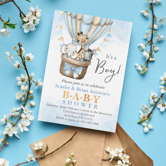 かわいい 熱気球 サファリ 動物 ベビーシャワー 招待状