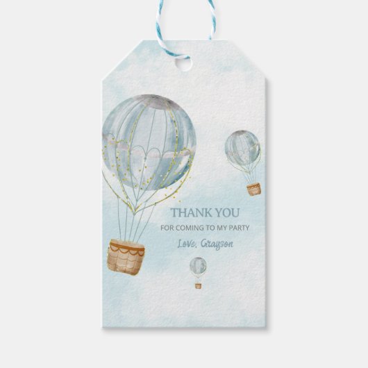 かわいい 熱気球 青 ありがとう ギフトタグ (正面)