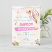 かわいい 熱気球 1歳 水彩風 誕生日 RSVP 招待状 (スタンド正面)