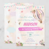 かわいい 熱気球 1歳 水彩風 誕生日 RSVP 招待状 (正面/裏面)