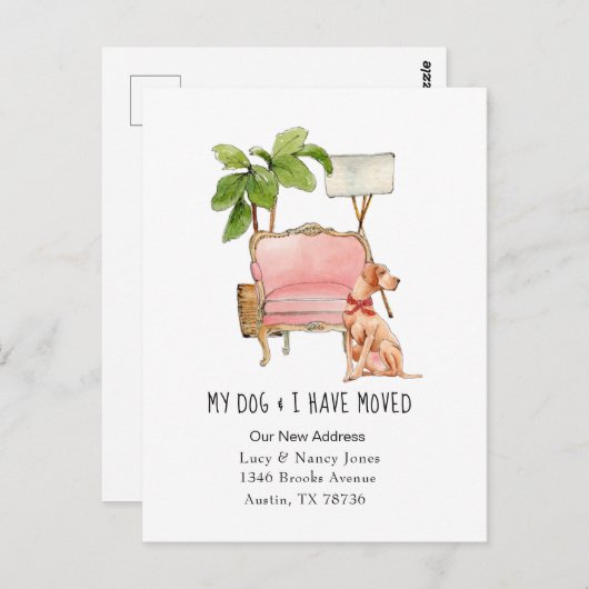 かわいい「犬と私は移動」動く告知はがき ポストカード (正面/裏面)