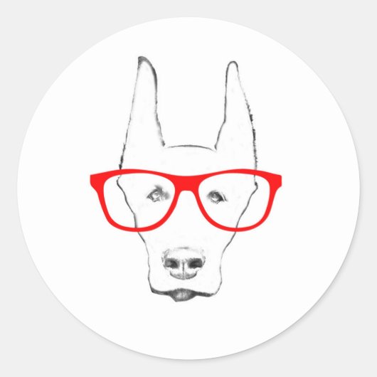 かわいい(犬)ドーベルマン・ピンシェル犬顔wスペクタクルスケッチ ラウンドシール (正面)