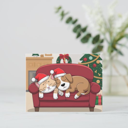かわいい 犬 猫 サンタ 帽子 クリスマス ポストカード (スタンド正面)