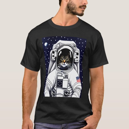 かわいい 猫 子猫 月 宇宙飛行士 Tシャツ (正面)