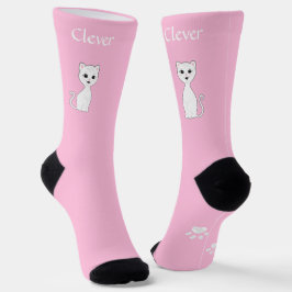 かわいい 白い猫 & 足跡がライトピンク ソックス