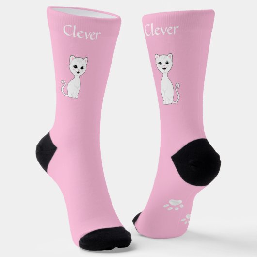 かわいい 白い猫 & 足跡がライトピンク ソックス (傾斜あり)