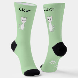かわいい 白い猫 & 足跡 ライトグリーン ソックス