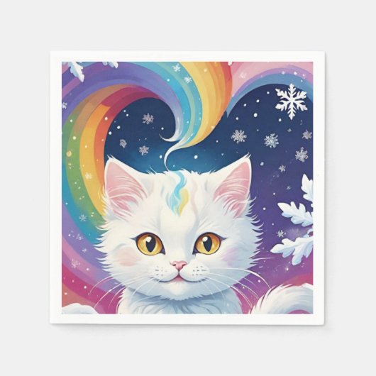 かわいい 白い雪 クリスマス 猫 スタンダードカクテルナプキン (正面)