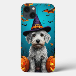 かわいい 白い ふわふわの犬 ハロウィン 魔女 エステティック iPhone 13ケース
