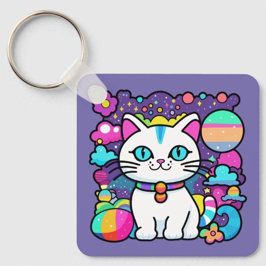 かわいい 白い 宇宙 スペース 子猫 ネコ キーホルダー (正面)