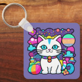 かわいい 白い 宇宙 スペース 子猫 ネコ キーホルダー (正面)
