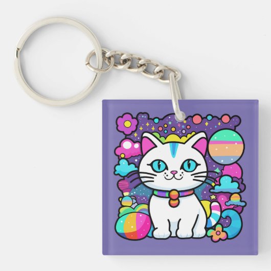 かわいい 白い 宇宙 スペース 子猫 ネコ キーホルダー (正面)