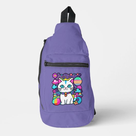 かわいい 白い 宇宙 スペース 子猫 ネコ スリングバッグ (正面)