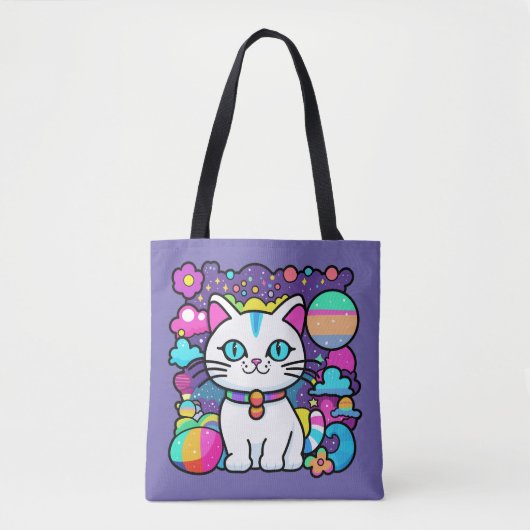 かわいい 白い 宇宙 スペース 子猫 ネコ トートバッグ (正面)