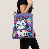 かわいい 白い 宇宙 スペース 子猫 ネコ トートバッグ (クローズアップ)