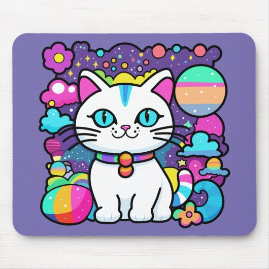 かわいい 白い 宇宙 スペース 子猫 ネコ マウスパッド (正面)