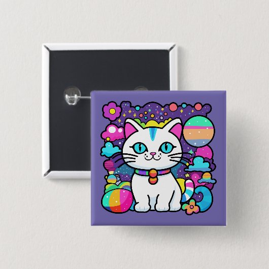 かわいい 白い 宇宙 スペース 子猫 ネコ 缶バッジ (正面&裏面)