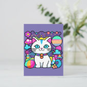 かわいい 白い 宇宙 スペース 子猫 ポストカード (スタンド正面)