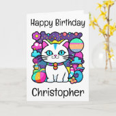 かわいい 白い 宇宙 スペース 子猫 誕生日 カード (黄色い花)