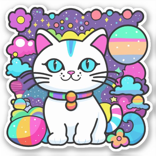 かわいい 白い 宇宙 子猫 シール (正面)