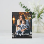 かわいい 白い 筆記体 写真 雪の結晶 クリスマス ポストカード (スタンド正面)