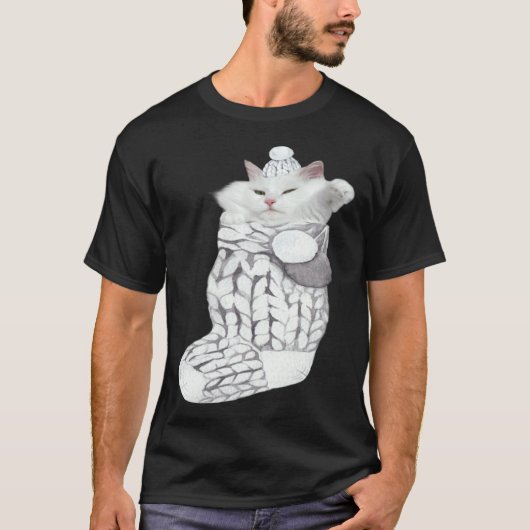 かわいい 白猫 もふもふ 編み込みソックス クリスマス Tシャツ (正面)