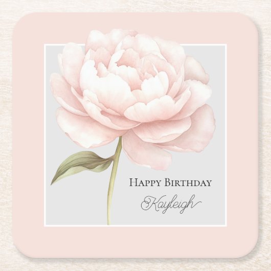 かわいい 白 ピンク バラ 誕生日 スクエアペーパーコースター (正面)