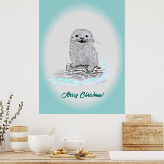 かわいい 白 ラッコ 赤ちゃん, メリークリスマス ポスター (キッチン)