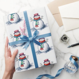 かわいい 白 赤 雪だるま クリスマス 冬 水彩画 ラッピングペーパー