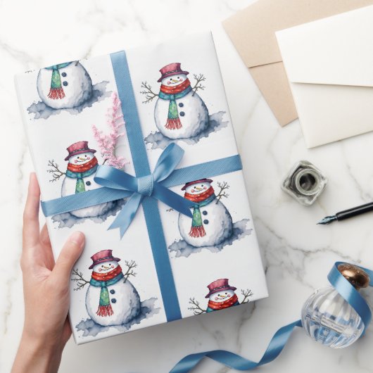 かわいい 白 赤 雪だるま クリスマス 冬 水彩画 ラッピングペーパー (ギフト)