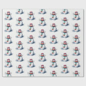 かわいい 白 赤 雪だるま クリスマス 冬 水彩画 ラッピングペーパー (フラット)