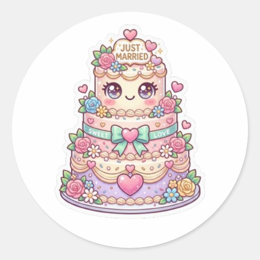 かわいい 結婚式 ケーキ パステル フラワー ラウンドシール (正面)
