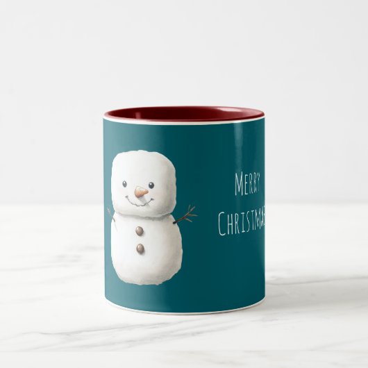 かわいい 緑のクリスマススノーマン ツートーンマグカップ (中央)