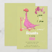 かわいい 緑 ピンク 恐竜 スクーター ガール バースデー 招待状 (正面/裏面)