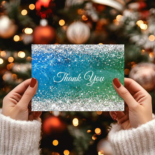 かわいい 緑 青 偽ゴールド グリッター モノグラム サンキューカード