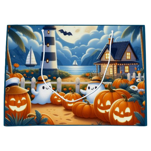 かわいい/航海のコースタルハロウィーン幽霊/カボチャ ラージペーパーバッグ (正面)